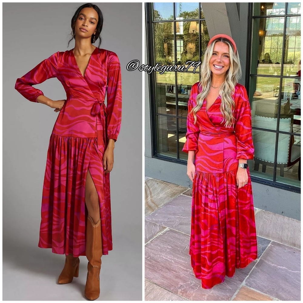 NWT, Anthropologie, HUTCH Zebra-Striped Wrap Maxi Dress In RED AND PINK